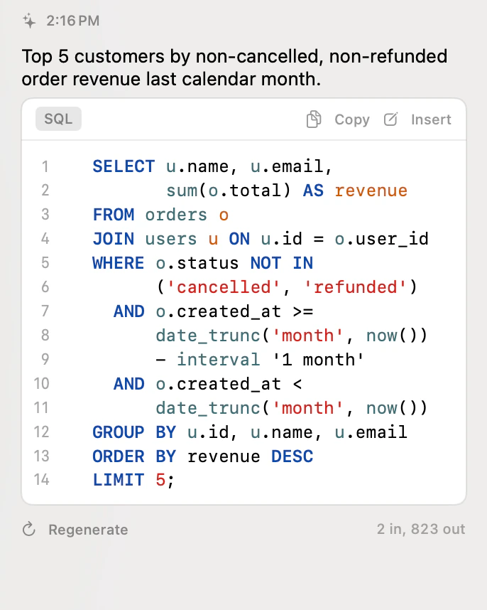 Khung AI chat trả lời câu hỏi về những khách hàng có doanh thu cao nhất tháng trước, kèm một query SQL và các nút Copy và Insert.