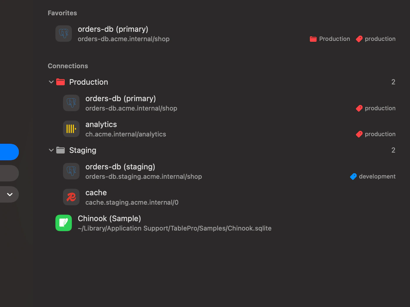 The Welcome window listing saved connections in Production and Staging groups with coloured tags, and the Chinook sample database.
