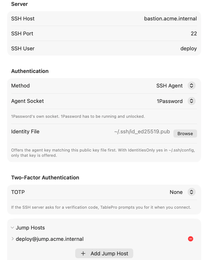 The SSH settings of a connection form: host bastion.acme.internal, user deploy, key authentication, and one jump host.