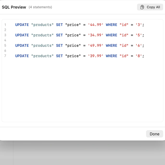 Table products với bốn thay đổi giá đang chờ lưu, và hộp thoại Preview SQL liệt kê các câu UPDATE tương ứng.