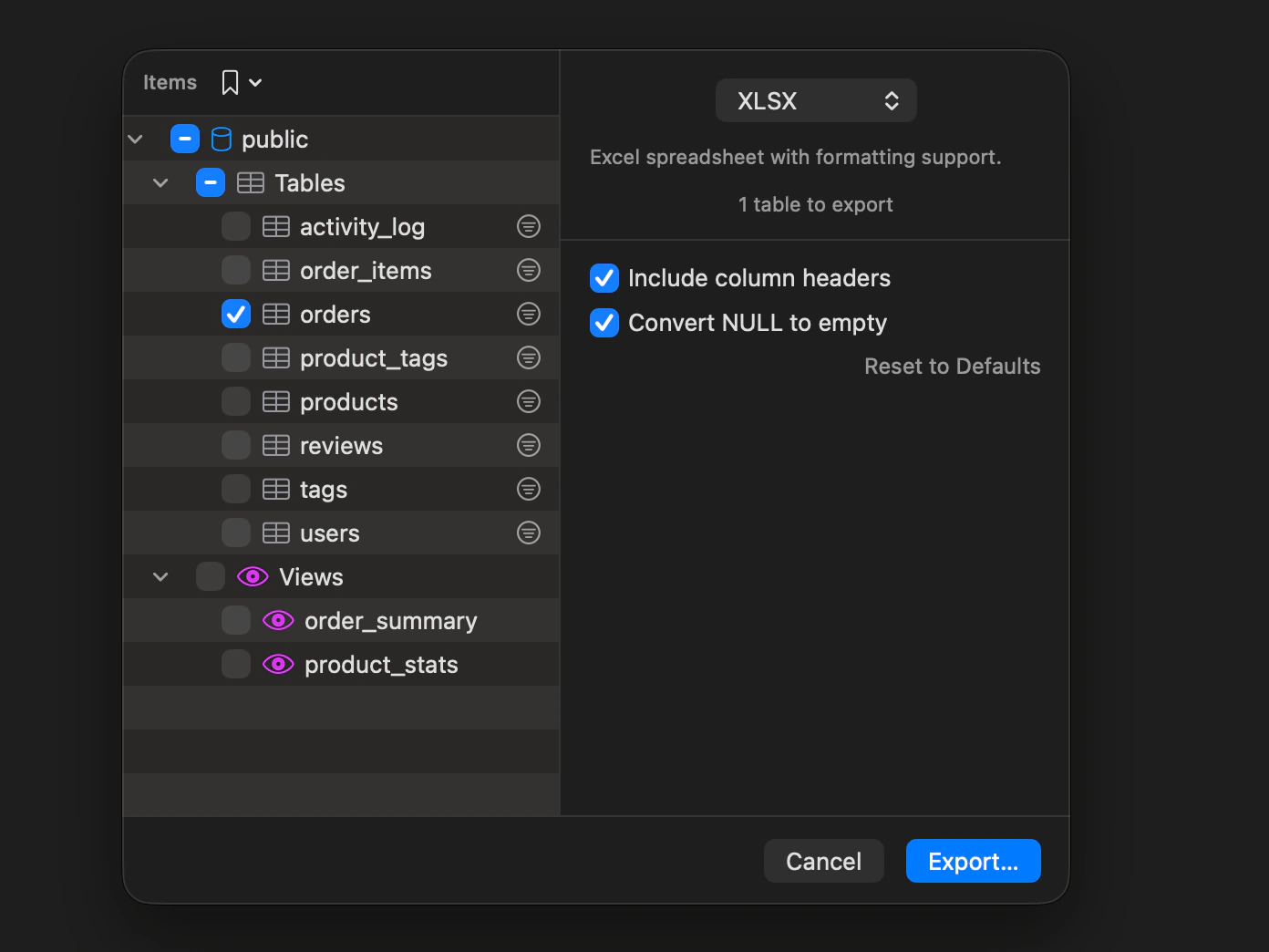 The Export dialog with the orders table ticked among the schema's tables and views, and XLSX chosen as the format.