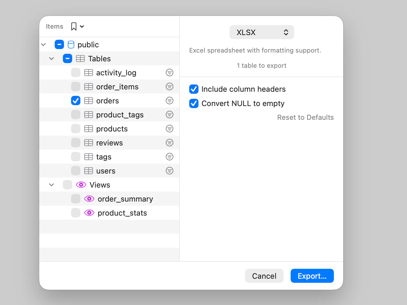 The Export dialog with the orders table ticked among the schema's tables and views, and XLSX chosen as the format.