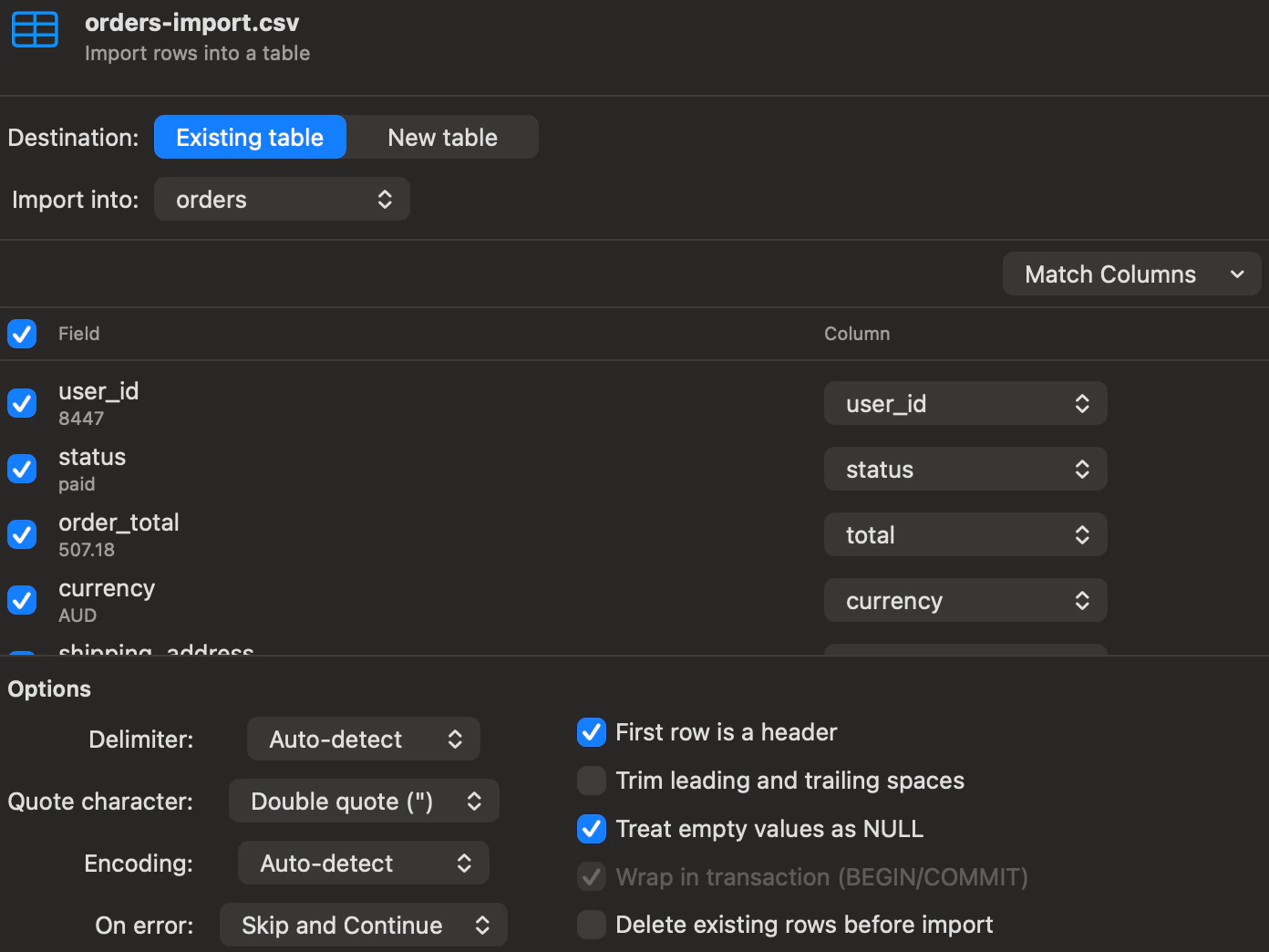 The import sheet for a CSV file going into the orders table, with each file column mapped to a table column and the on-error option.