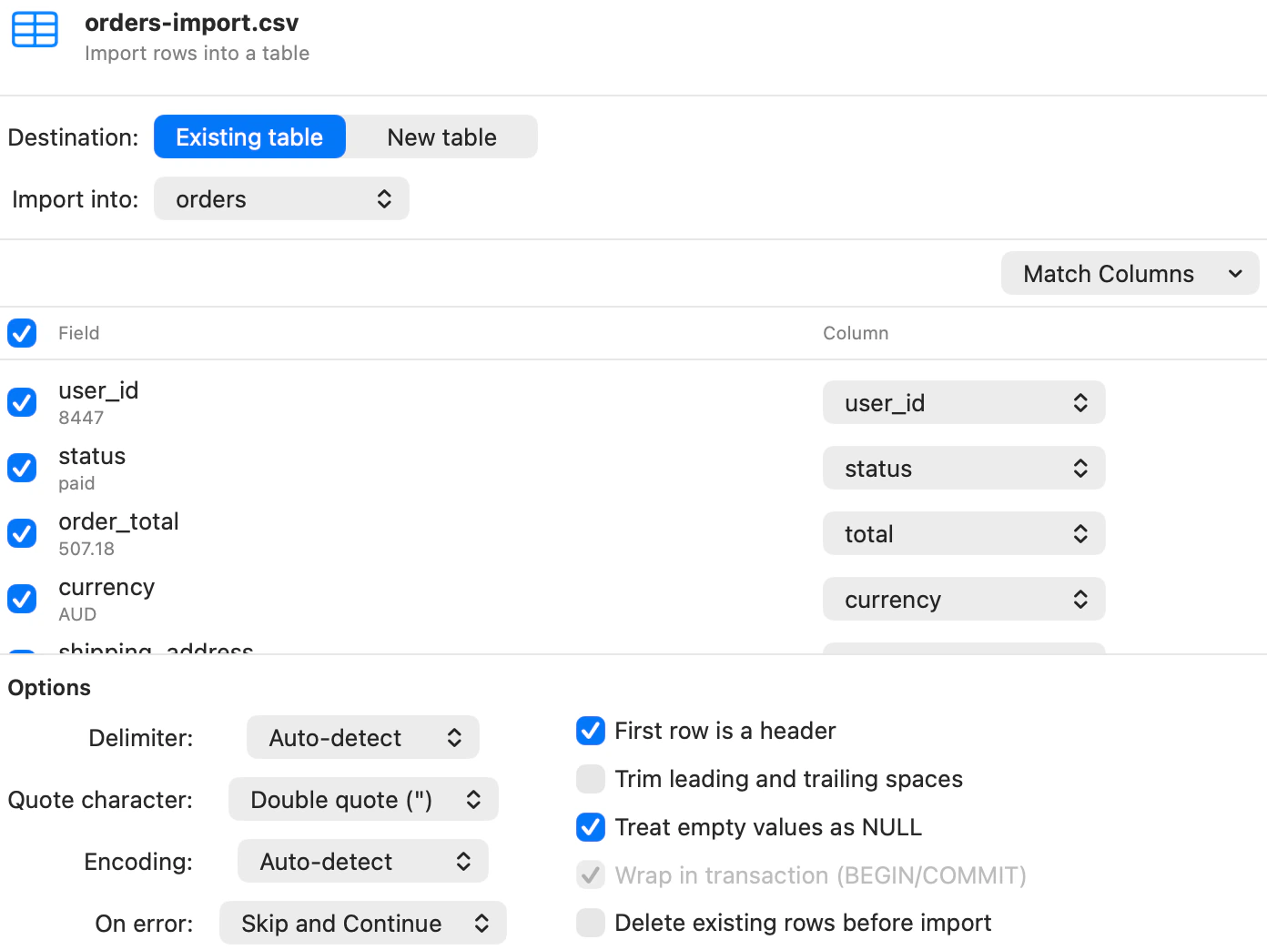 The import sheet for a CSV file going into the orders table, with each file column mapped to a table column and the on-error option.