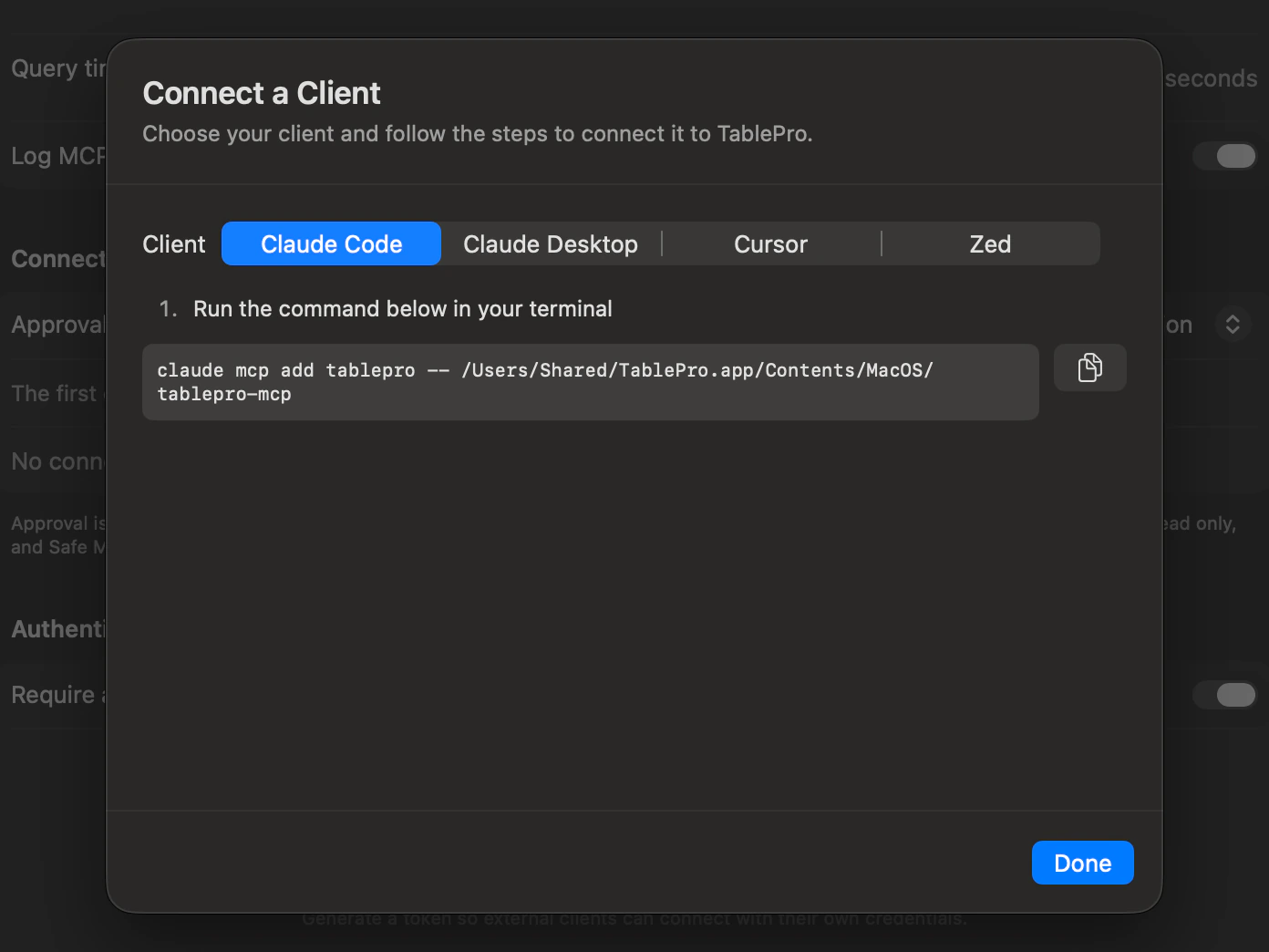The Connect a Client sheet in the MCP settings, with the claude mcp add command for Claude Code.
