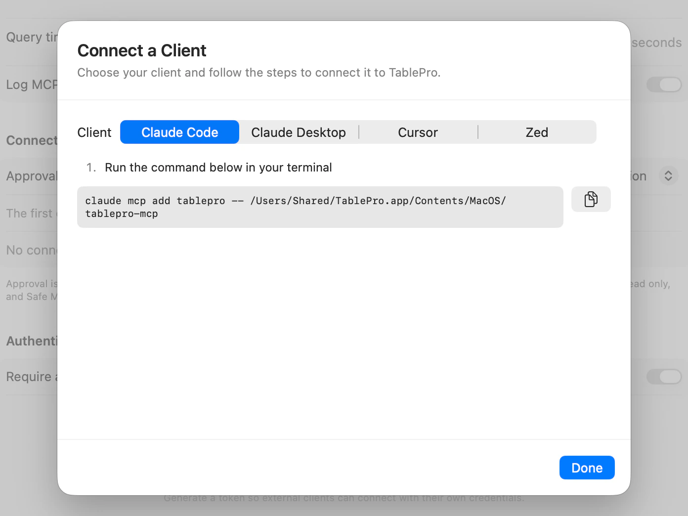 The Connect a Client sheet in the MCP settings, with the claude mcp add command for Claude Code.