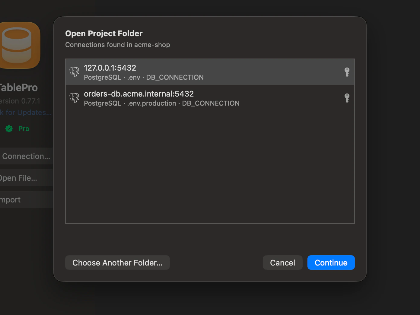 Open Project Folder results for the acme-shop project, with connections found in .env and .env.production.