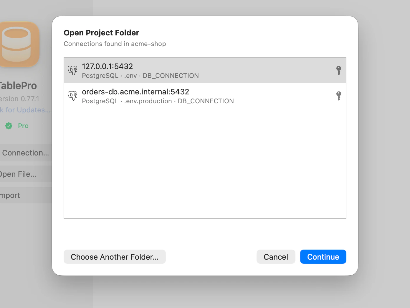 Open Project Folder results for the acme-shop project, with connections found in .env and .env.production.