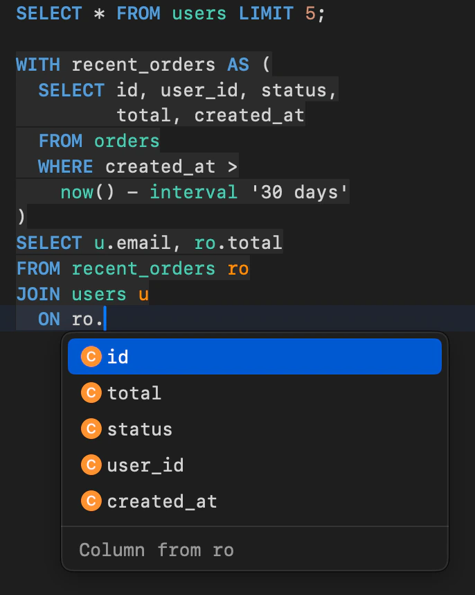 TablePro SQL editor with a query that joins a CTE named recent_orders to users, and the autocomplete list showing the CTE's columns.