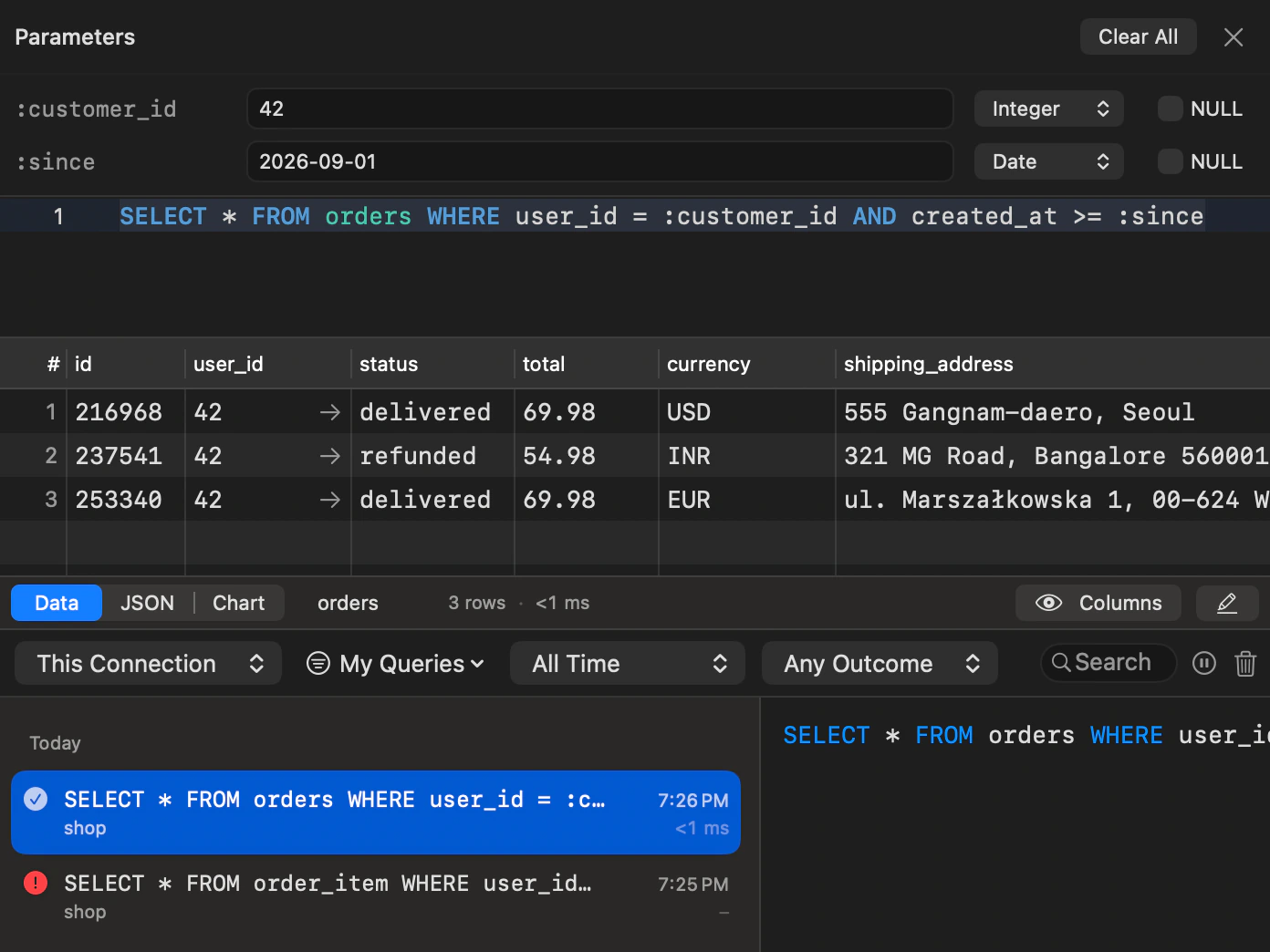 A query using the :customer_id and :since parameters, the panel where their values are typed, and the query history drawer.