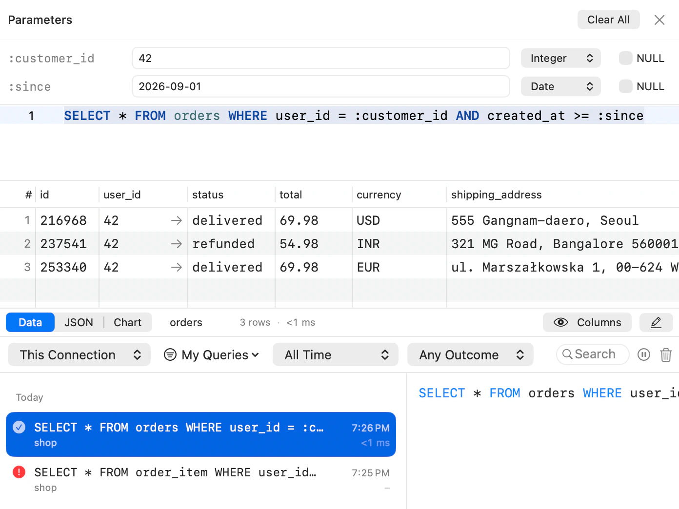 A query using the :customer_id and :since parameters, the panel where their values are typed, and the query history drawer.