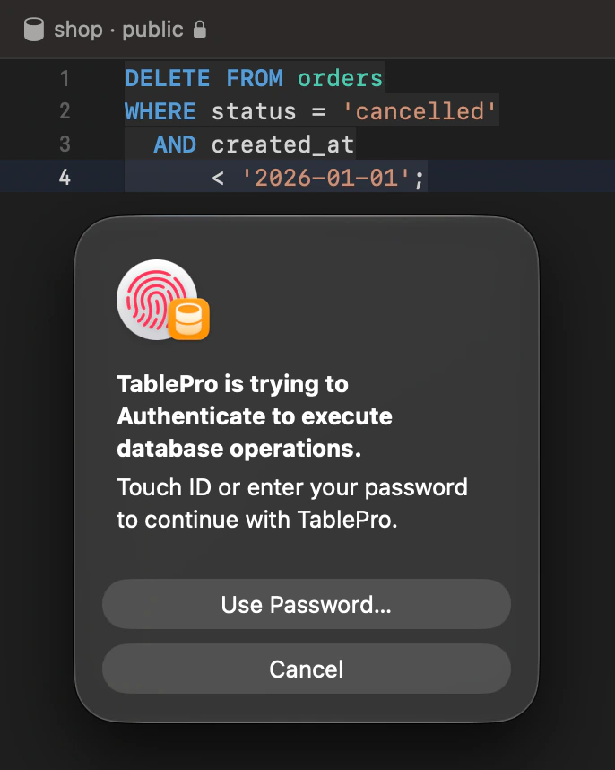 Hộp thoại Touch ID mà Safe Mode hiện ra trước khi câu lệnh DELETE trên table orders chạy, trên một connection được đánh dấu bằng màu đỏ của production.