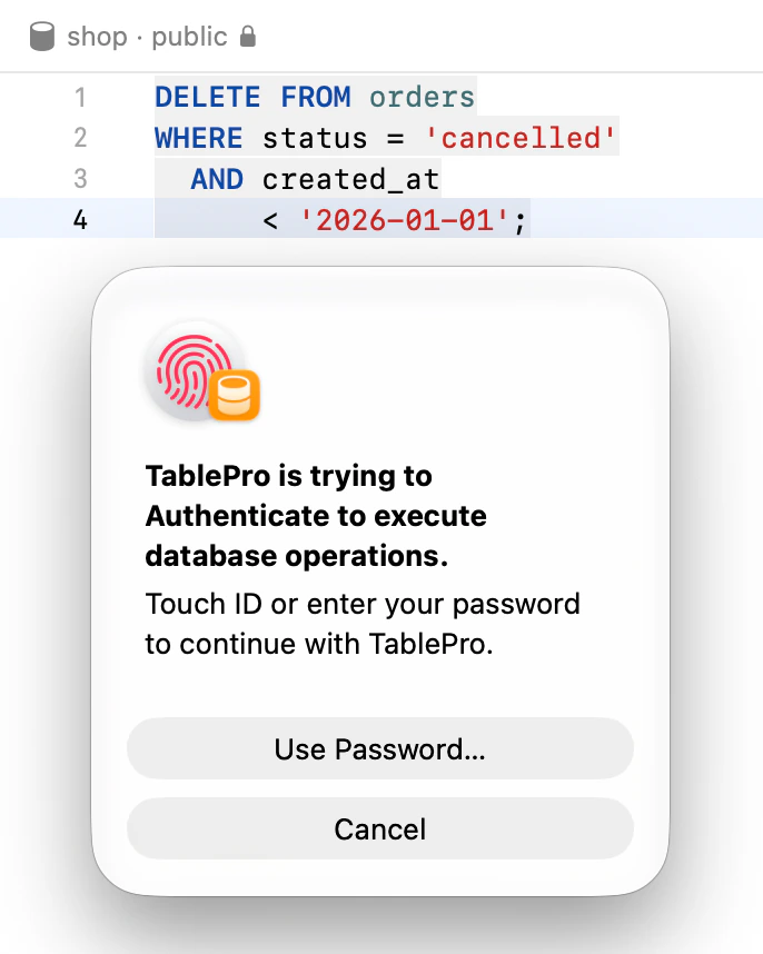 Hộp thoại Touch ID mà Safe Mode hiện ra trước khi câu lệnh DELETE trên table orders chạy, trên một connection được đánh dấu bằng màu đỏ của production.