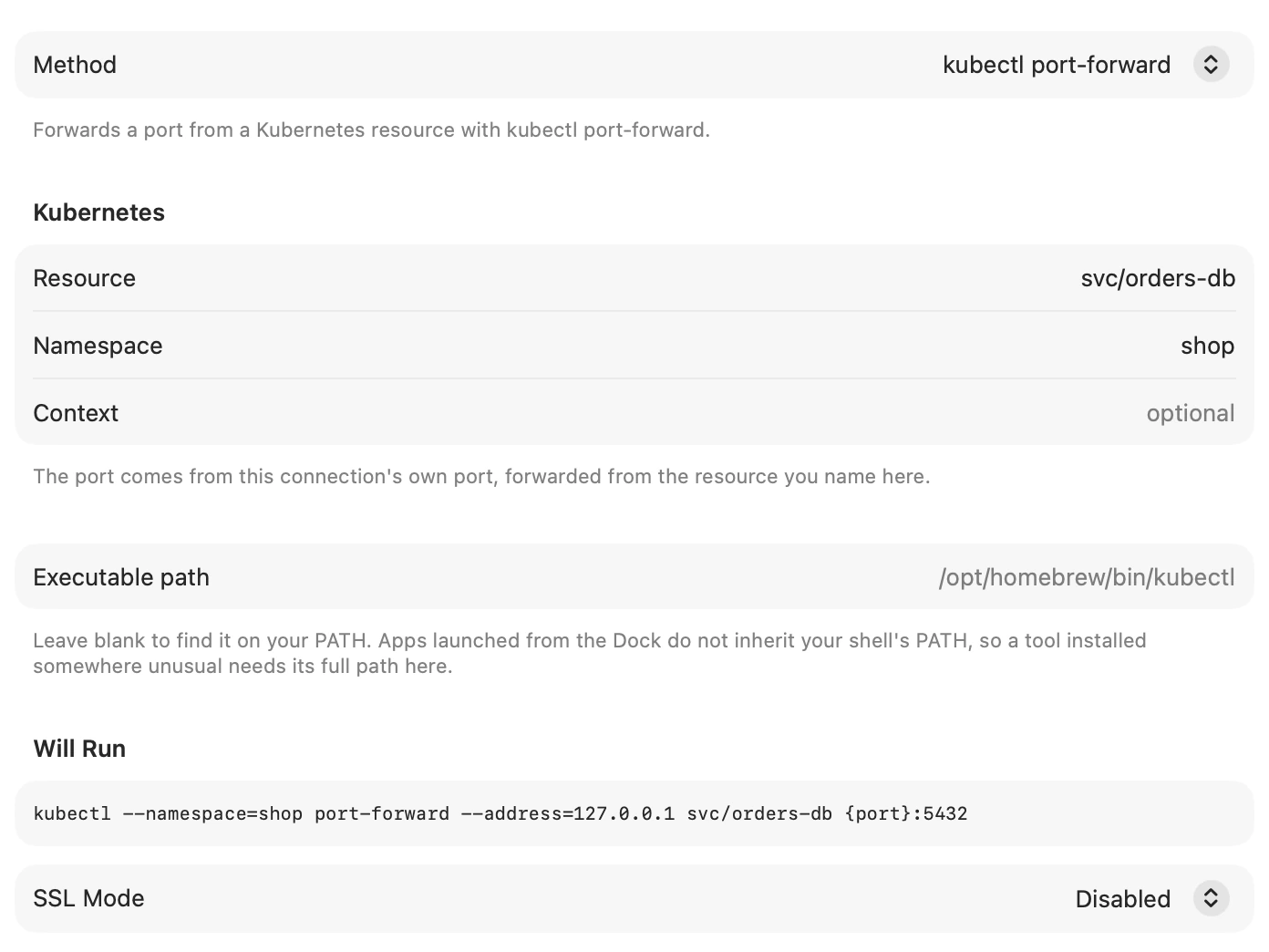 A connection tunnelled with kubectl port-forward to svc/orders-db, with the command it will run.