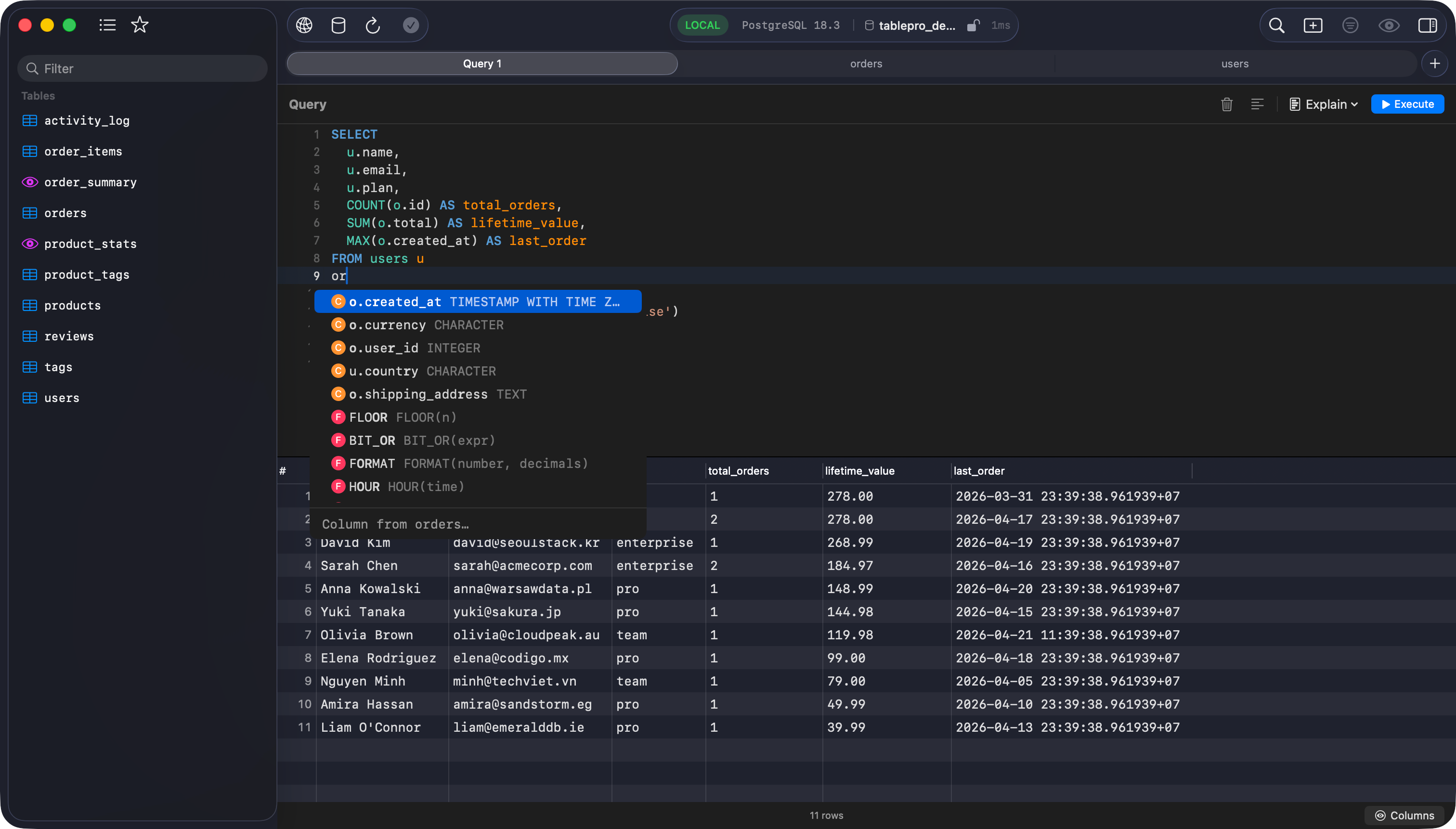 TablePro SQL editor with SQLite query and autocomplete