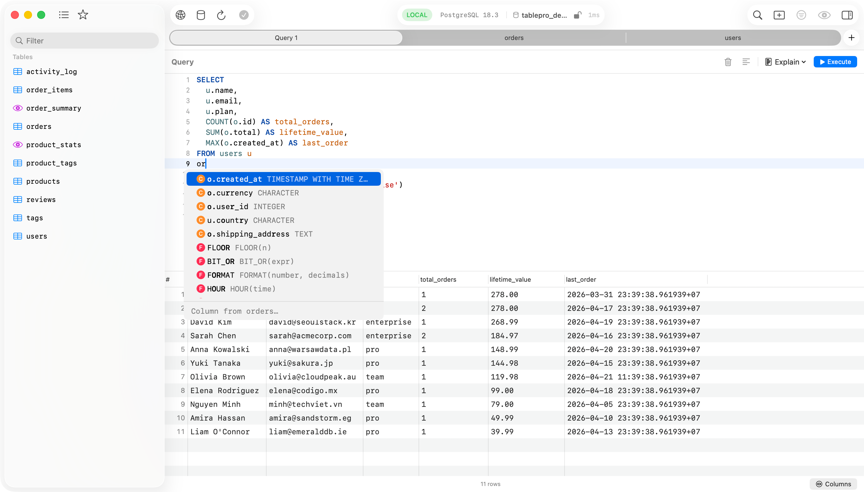 TablePro SQL editor with SQLite query and autocomplete