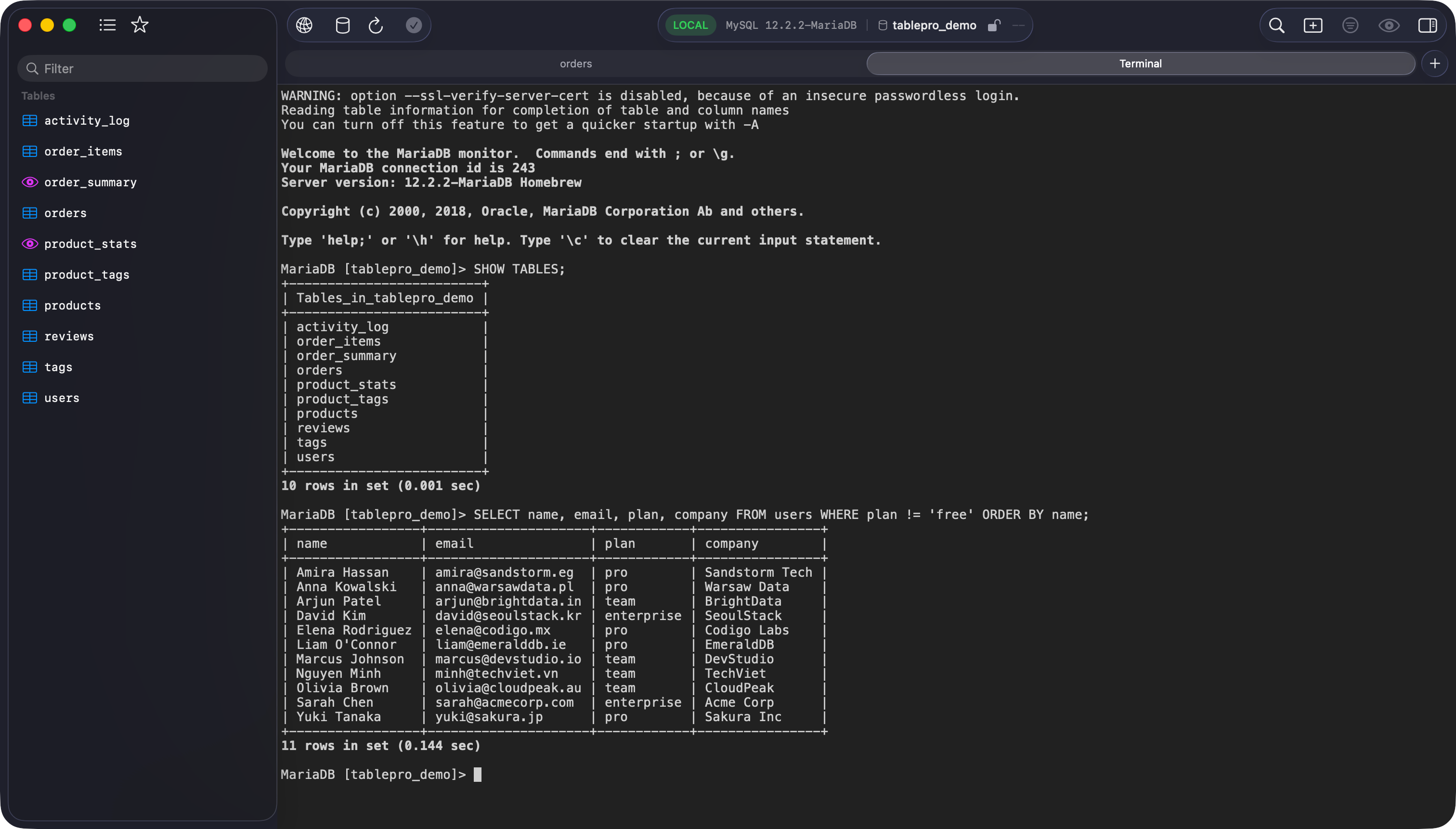 TablePro embedded terminal running psql connected to a PostgreSQL database