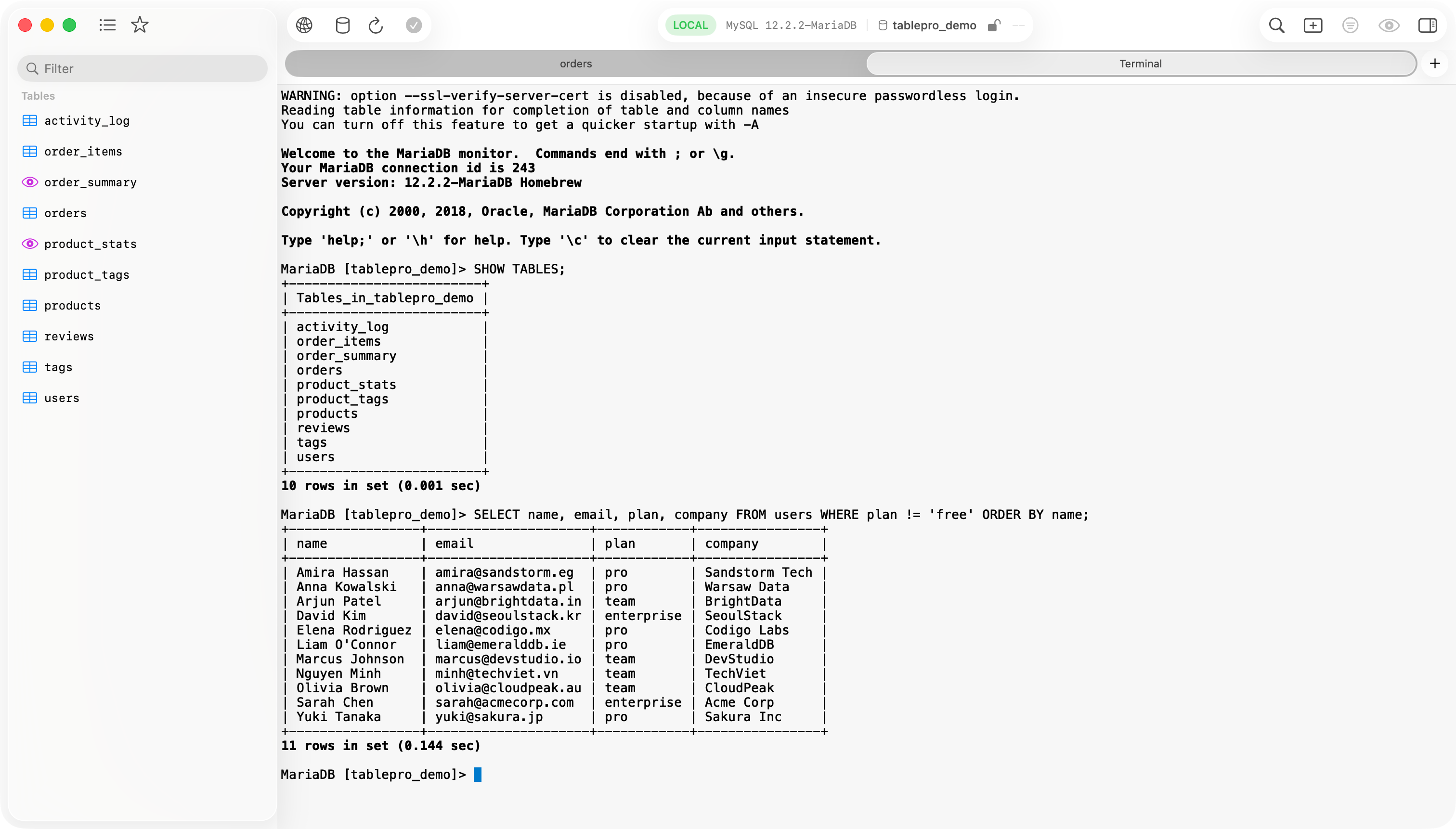 TablePro embedded terminal running psql connected to a PostgreSQL database
