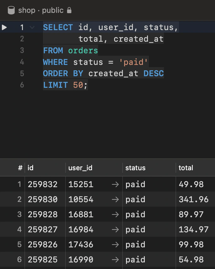 Cửa sổ TablePro trên Mac, kết nối tới một cơ sở dữ liệu PostgreSQL mẫu, với table orders ở sidebar, một query trong SQL editor và các dòng kết quả bên dưới.