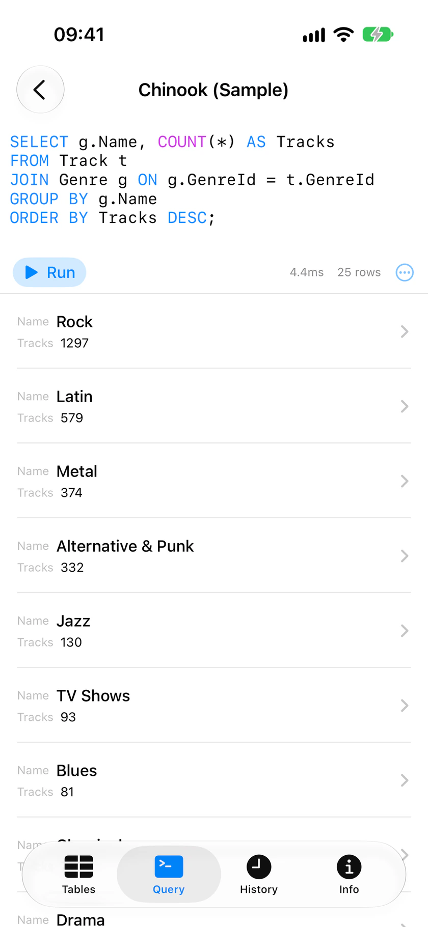 Tab Query trên iPhone với một query SQL đếm số track theo thể loại, kèm kết quả.