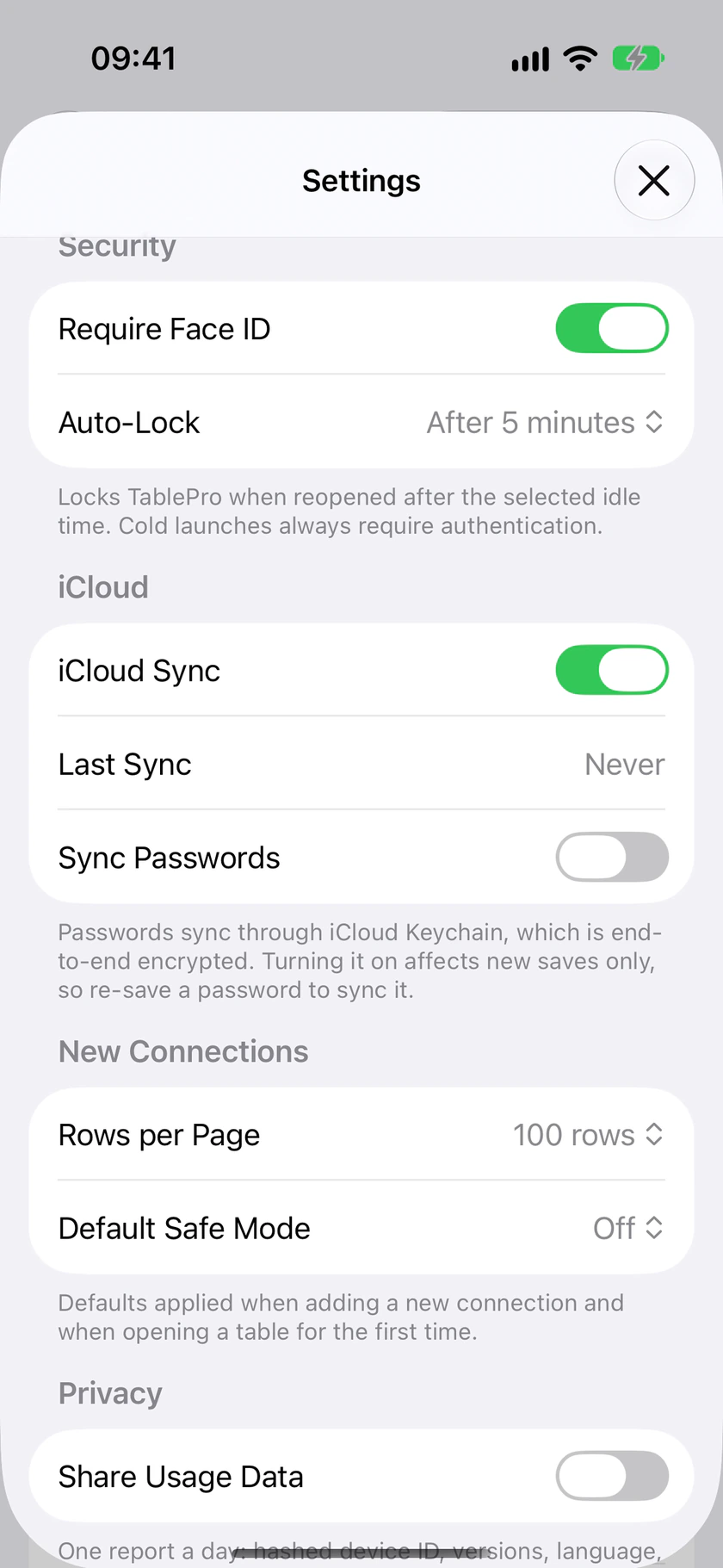 Cài đặt của TablePro trên iPhone: bật khóa Face ID và iCloud Sync, tắt chia sẻ dữ liệu sử dụng.