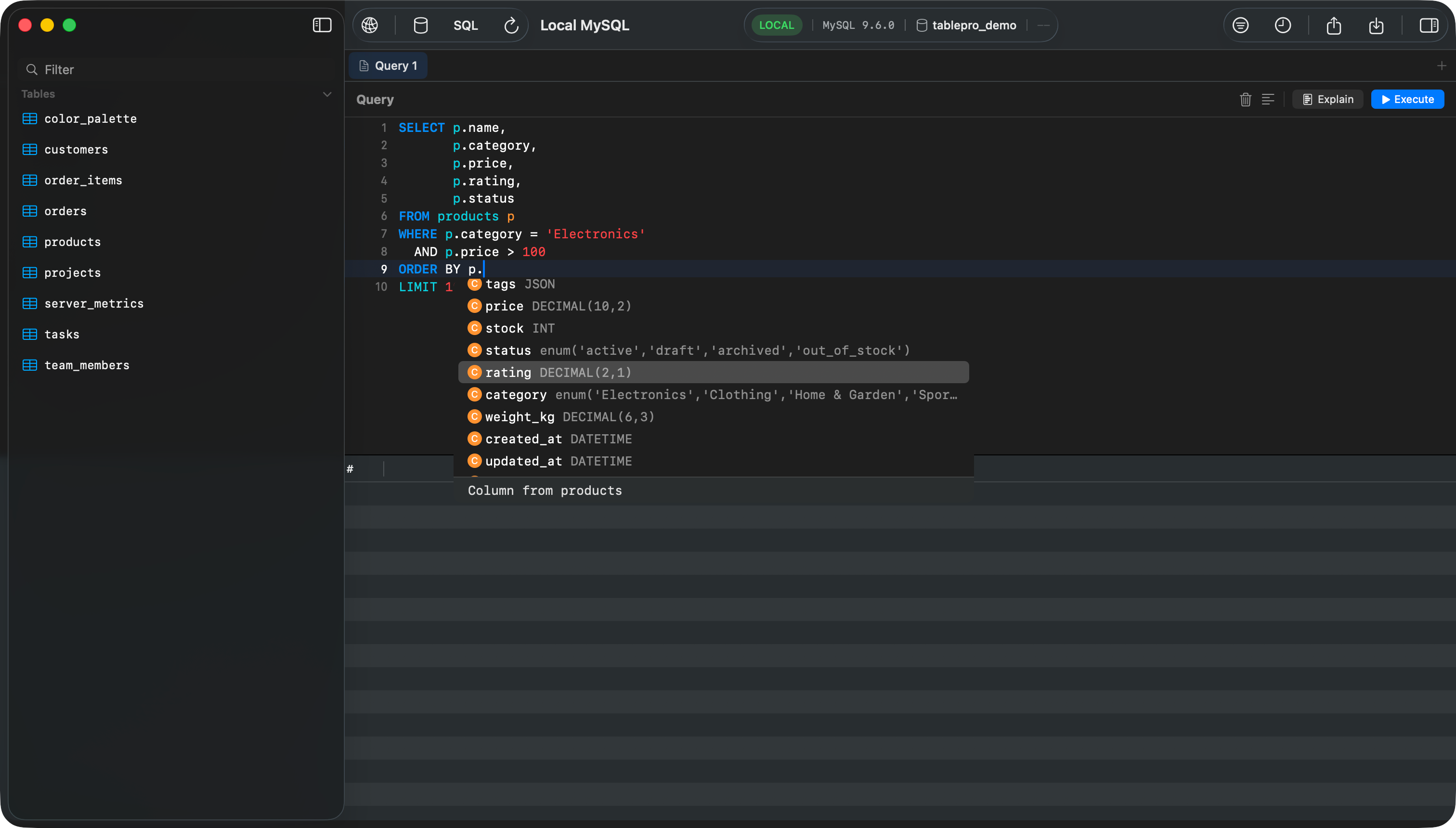 TablePro SQL Editor with syntax highlighting and autocomplete
