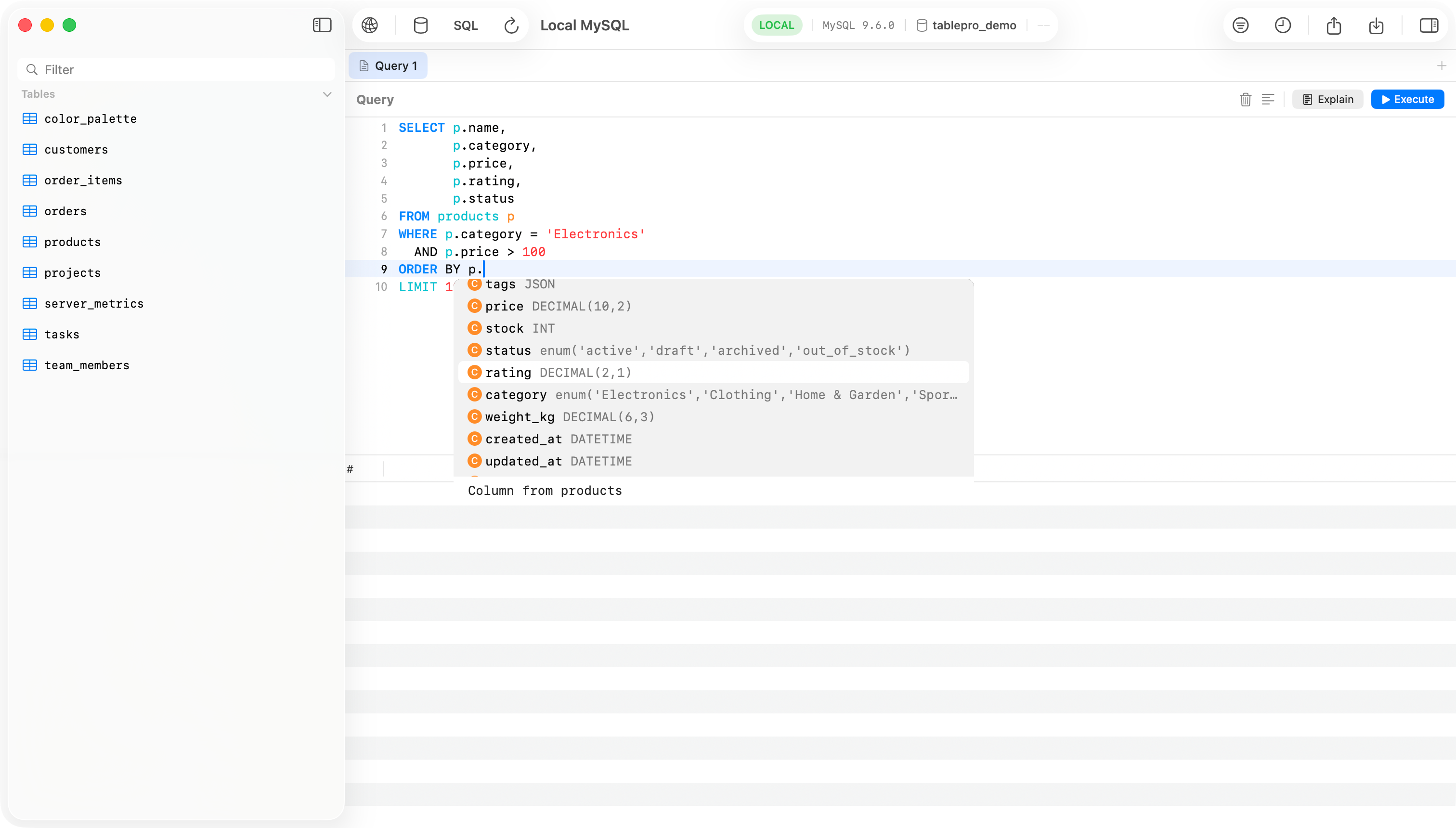 TablePro SQL Editor with syntax highlighting and autocomplete